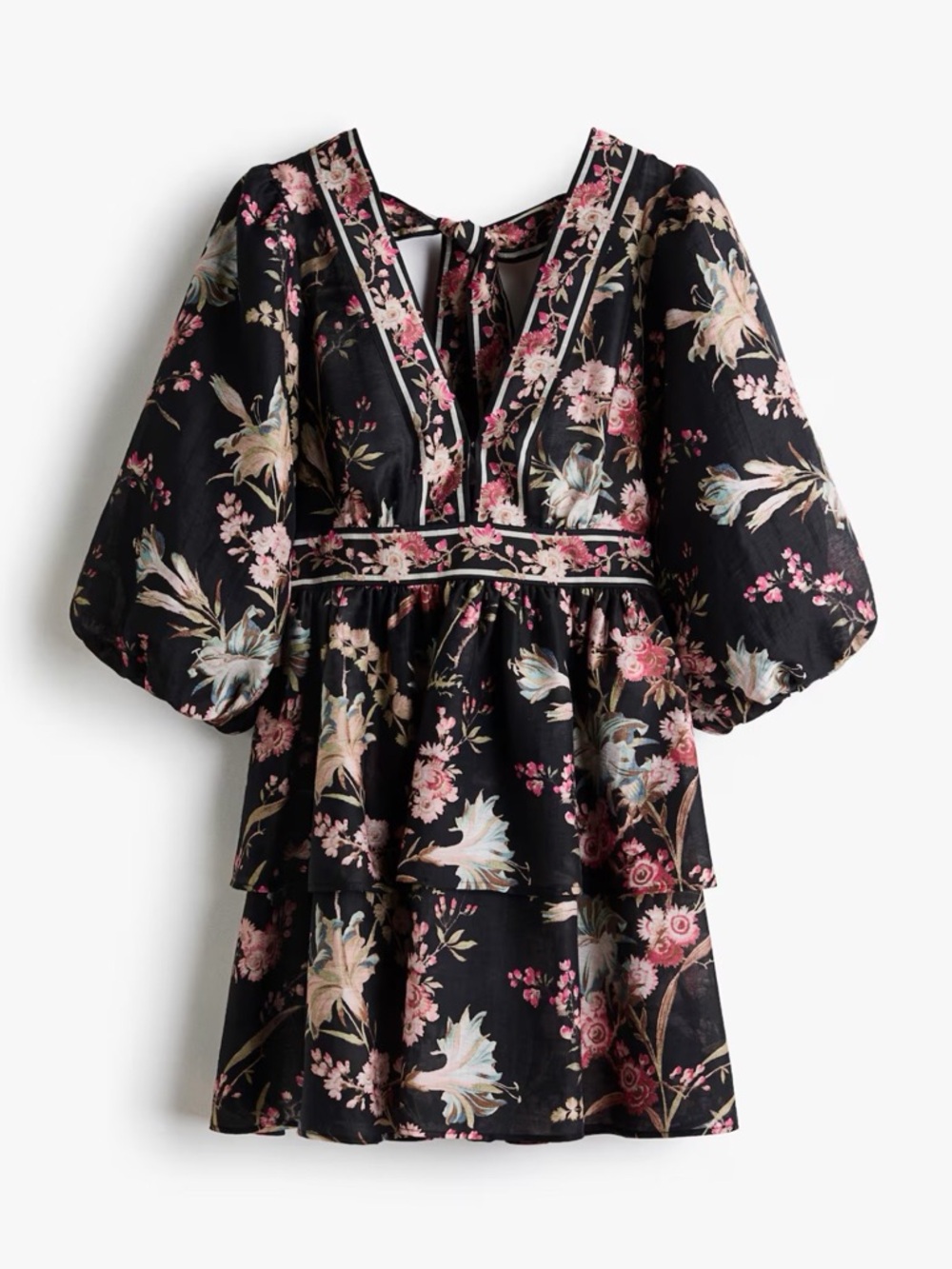 H&M Black Floral Mini Dress with Pink and Cream Accents